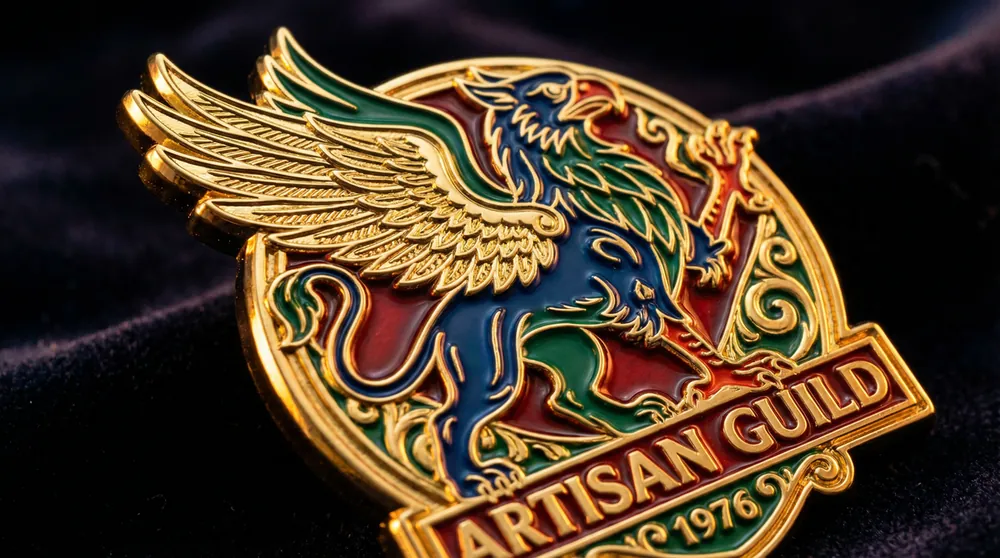 Custom gold-plated hard enamel badge detail